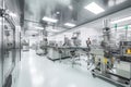 Contemporary drug production workshop interior. Spacy bright sterile room, facility with modern industrial machinery