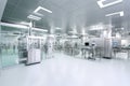 Contemporary drug production workshop interior. Spacy bright sterile room, facility with modern industrial machinery