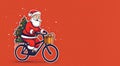 Contemporary eco-friendly Santa Claus riding bike and carrying a Christmas gift