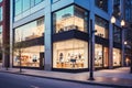 Contemporary electronics store facade with minimalist design, ambient lighting, and large windows showcasing high-tech