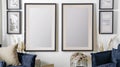 Contemporary Elegance: Elevating Home Decor with Two Vertical Blank Frames Royalty Free Stock Photo