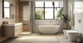 Contemporary Elegance - A Modern Bathroom Blending Wooden Floors and Wall Panels in Light Beige Tones, Bathed in Natural Light Royalty Free Stock Photo