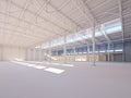 Contemporary empty white warehouse illuminated by sunlight 3d illustration Royalty Free Stock Photo