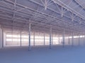 Contemporary empty white warehouse illuminated by sunlight interior 3d illustration Royalty Free Stock Photo