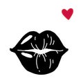 Contemporary female poster. Black silhouette lips and love symbol. Abstract minimalist woman shapes banner. Trendy girls