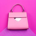 A contemporary female top-handle bag made of pink leather with black trim, a metal accent, and feet isolated against a colorful,