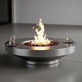 A contemporary fire pit featuring a circular design with a sleek, metallic base. The fire pit is adorned with decorative elements Royalty Free Stock Photo
