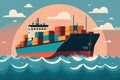 Contemporary flat vector-style illustration of a cargo ship navigating through calm blue waters