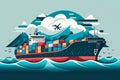Contemporary flat vector-style illustration of a cargo ship navigating through calm blue waters
