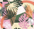 Contemporary floral palm leaves and abstract patchwork collage shapes seamless vector pattern. Repeating modern vibrant summer