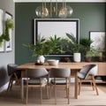 A contemporary garden-inspired dining room with botanical prints, natural wood furniture, and greenery2