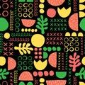 Contemporary geometric shapes seamless vector background. Green yellow coral red black leaf plant and abstract shapes