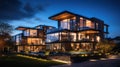 Contemporary glass house in small town, bathed in soft light of electricity in evening twilight