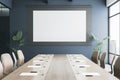 Contemporary glass meeting room interior with empty white mock up frame and panoramic window and city view. Royalty Free Stock Photo