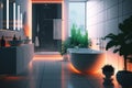 Contemporary gray bathroom interior design with orange LED lighting. Ai generative