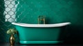 Contemporary green bathroom interior with bathtub and tiled wall in kinfolk style Royalty Free Stock Photo