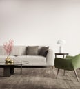 Contemporary grey living room with green armchair Royalty Free Stock Photo