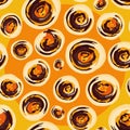 Contemporary hand drawn orange and yellow painted swirls. Vector seamless pattern on orange background with a large