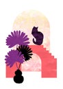 Contemporary hand drawn poster collage. Arches of the city landscape, palm leaves, cats. Minimal graphic