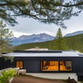 A contemporary home with a cantilevered deck, a metal roof, and a mountain view3, Generative AI