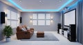 Contemporary Home Cinema Interior with Leather Sofa, Projector, and Empty Wall Mockups Royalty Free Stock Photo