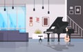 Contemporary home hall musical instruments piano guitar empty house room modern apartment interior flat horizontal