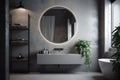 interior room gray sink mirror illumination bathroom design home concrete luxury. Generative AI.