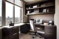 Contemporary home office with a clean desk, ergonomic chair, and ample storage, bathed in natural light. Generative AI