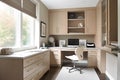 Contemporary home office with a clean desk, ergonomic chair, and ample storage, bathed in natural light. Generative AI