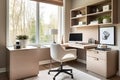 Contemporary home office with a clean desk, ergonomic chair, and ample storage, bathed in natural light. Generative AI