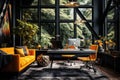 Contemporary Home Office with Forest Views and Bold Colors. Generative AI Royalty Free Stock Photo