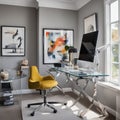 : A contemporary home office with a glass desk, ergonomic chair, and modern artwork adorning the walls