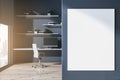 Contemporary home office interior with blank white mock up banner on wall, shelves, window and city view, equipment and other Royalty Free Stock Photo