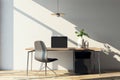 Contemporary home office interior with computer, furniture and other items. Concrete wall with shadows and wooden flooring. 3D Royalty Free Stock Photo