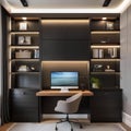 A contemporary home office with a standing desk, ergonomic chair, wall-mounted shelves, and ample natural light2
