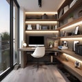 A contemporary home office with a standing desk, ergonomic chair, wall-mounted shelves, and ample natural light1