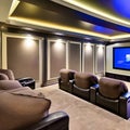 A contemporary home theater with plush recliners, a large screen, and surround sound system2, Generative AI