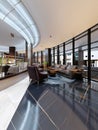 Contemporary hotel interior design, hotel lobby, rest area with comfortable modern furniture