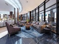 Contemporary hotel interior design, hotel lobby, rest area with comfortable modern furniture