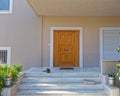 A contemporary house entrance marble stairs and natural door with two cats laying.