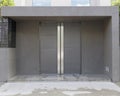 Contemporary house entrance metallic grey double doors and granite covered walls