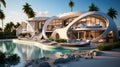 Contemporary house with pool, Modern villa on a tropical sand beach, Minimalist house with round curved shaped forms