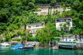 Contemporary houses in middle of green nature on the shore of Lake Lugano in Ticino Switzerland