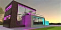 Contemporary illuminated cottage an hour before sunrise. Combination of purple and turquoise. Amazing starry night sky. 3d