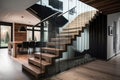 a contemporary interior design element featuring glass fencing and wooden stairs. Generative Ai