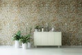 Contemporary Interior Room with Wooden Commode near the Brick Wall