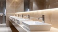 Contemporary interior, sink basin faucet, and urinals in neat alignment. Upscale design, Ai Generated