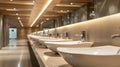 Contemporary interior, sink basin faucet, and urinals in neat alignment. Upscale design, Ai Generated