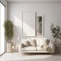 Contemporary Interior with White Sofa and Vertical Frame Mockup