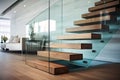 Contemporary interiors with glass fencing and wooden stairs. Elevate your space with modern elegance and urban flair Royalty Free Stock Photo